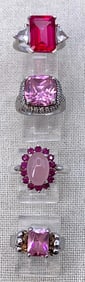 4 Sterling Silver Candy Pink Amethyst, Rose Quartz and Created Gemstone Cocktail Rings