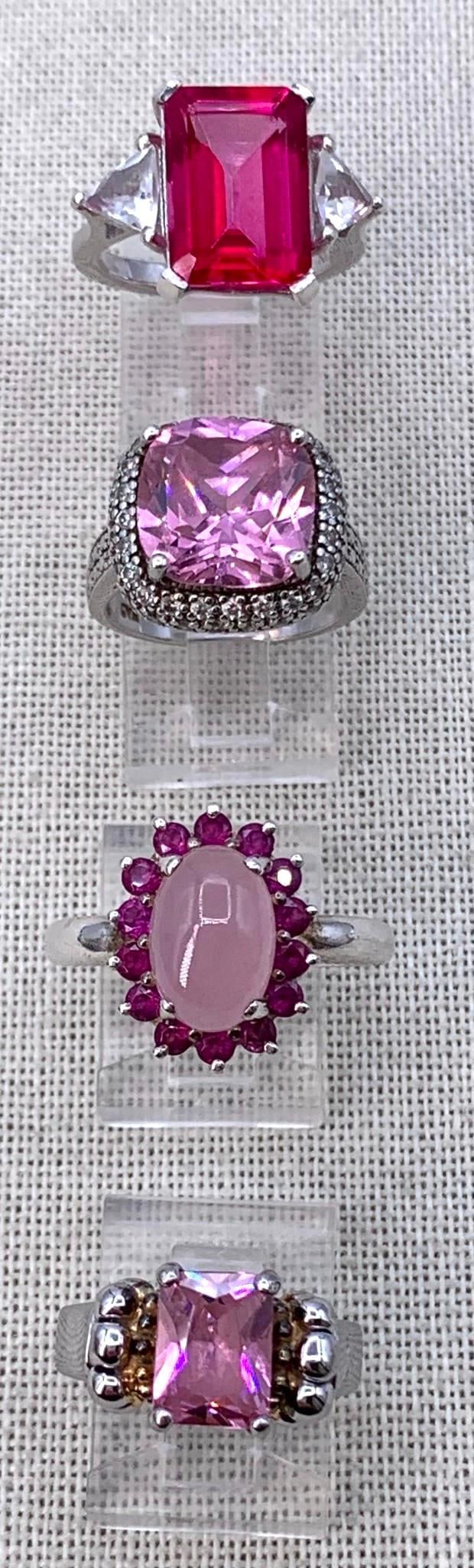 4 Sterling Silver Candy Pink Amethyst, Rose Quartz and Created Gemstone Cocktail Rings (1 of 9)