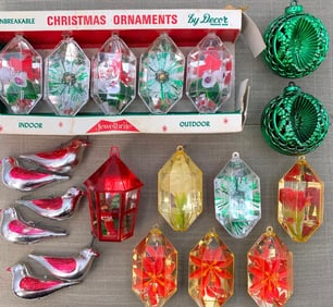 20 Mid Century Jewelbrite Mirrored Diorama, Pierced Indent Balls and Bird Hard Plastic Ornaments