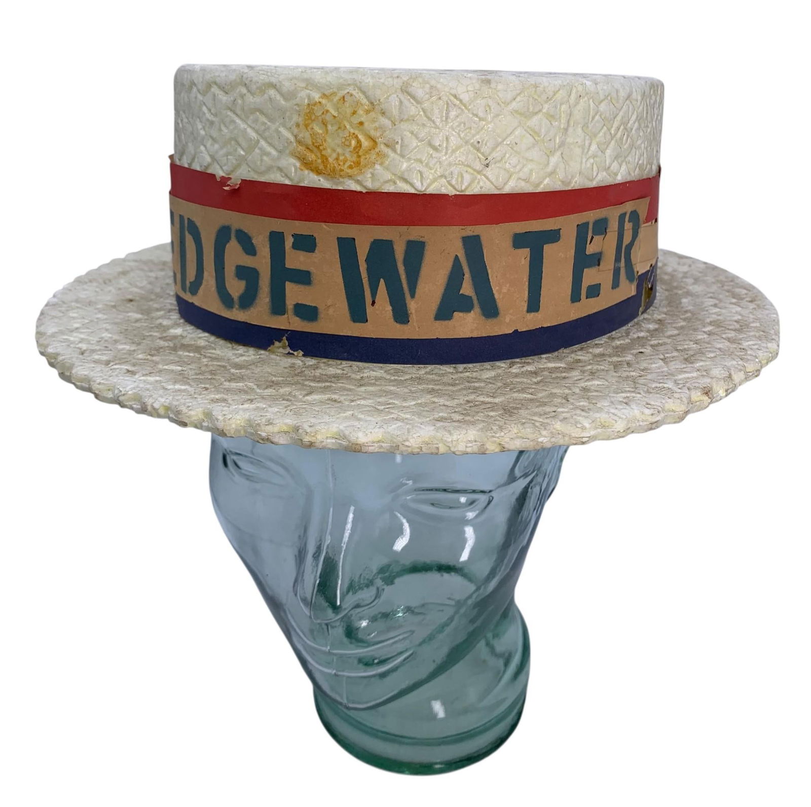 Vintage Cleveland Ohio EDGEWATER Park Men's Souvenir Boater Hat: Early paperboard brow band with EDGEWATER stenciled lettering, age and wear to the paper, embossed styrofoam base that remains structurally sound.