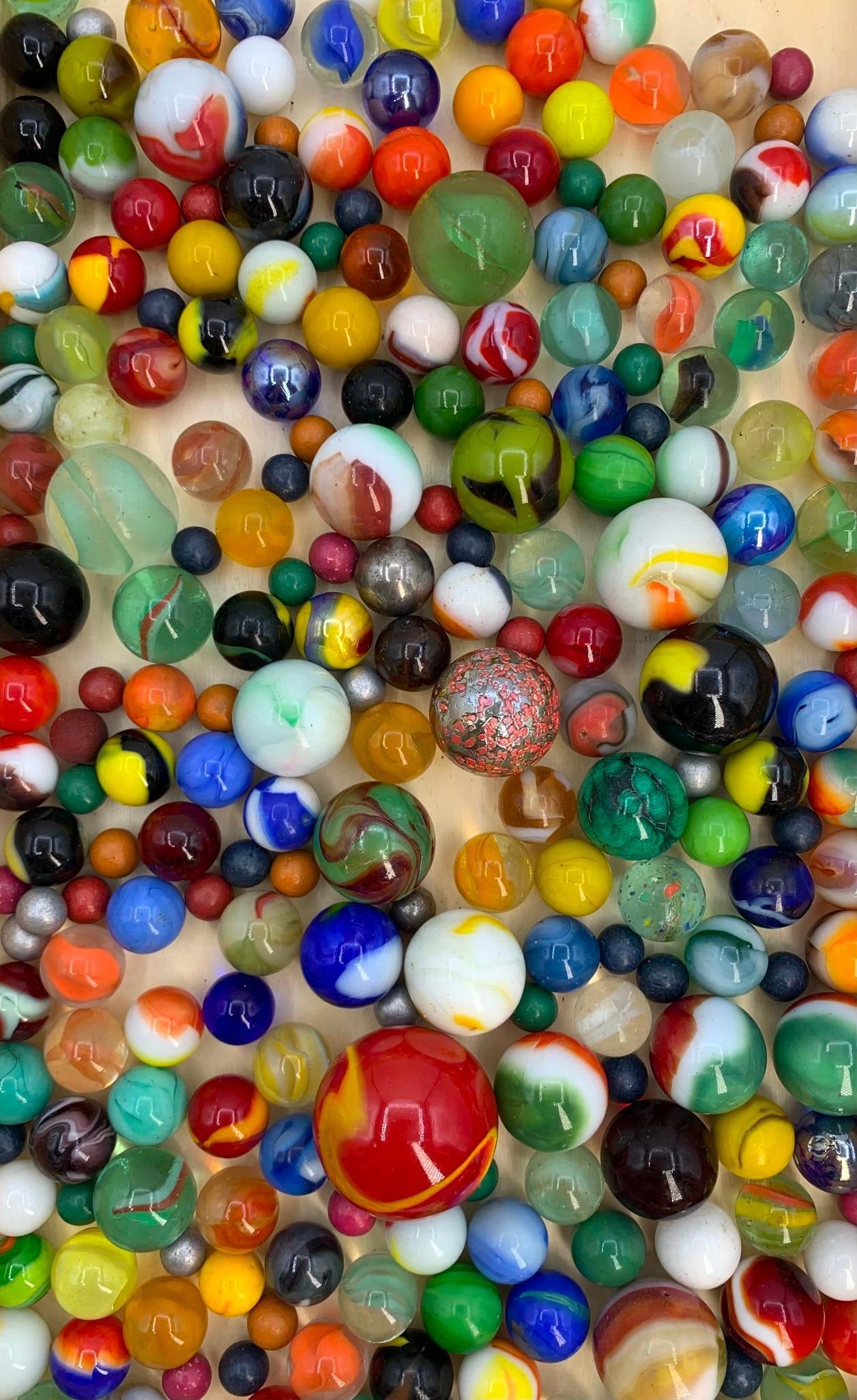 2 3/4 POUNDS Vintage Marble and Shooter Art Glass, Natural Stone Orb, Collection: 35mm to 9mm in size, speckled, swirled, iridescent, cats eye, natural stone, striped, slag, miniature pottery, with one steel ball in the mix.