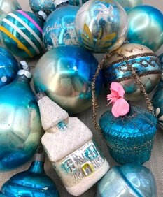 20 Antique to Vintage Ombre Blue, Striped and Glittered Glass Christmas Tree Ornaments