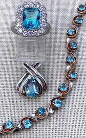 3 pc Sterling Silver Icy Blue Gemstone Bracelet, Ring and Pendant 925 Set