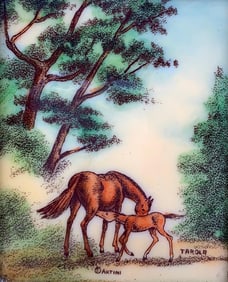 Pair Vintage Artini Artist Signed Horse and Duck Framed Enamel Panel Art