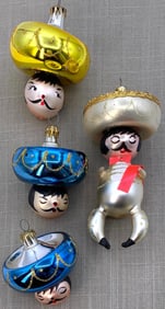 4 Italian De Carlini Spanish Sombrero Wearing Gents Blown Glass Christmas Tree Ornaments