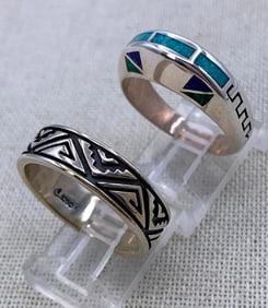 Pair Sterling Silver Carolyn Pollack Relios, AVA Yetter Inlaid Southwestern 925 Rings