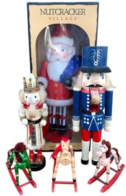 6 pc NOS and Vintage Wood Nutcrackers and Rocking Horse Christmas Decorations