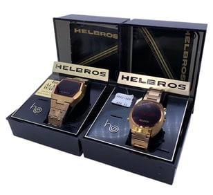 Pair NOS Vintage HELBROS Digital Computer Alarm Timepiece Wristwatches in Boxes