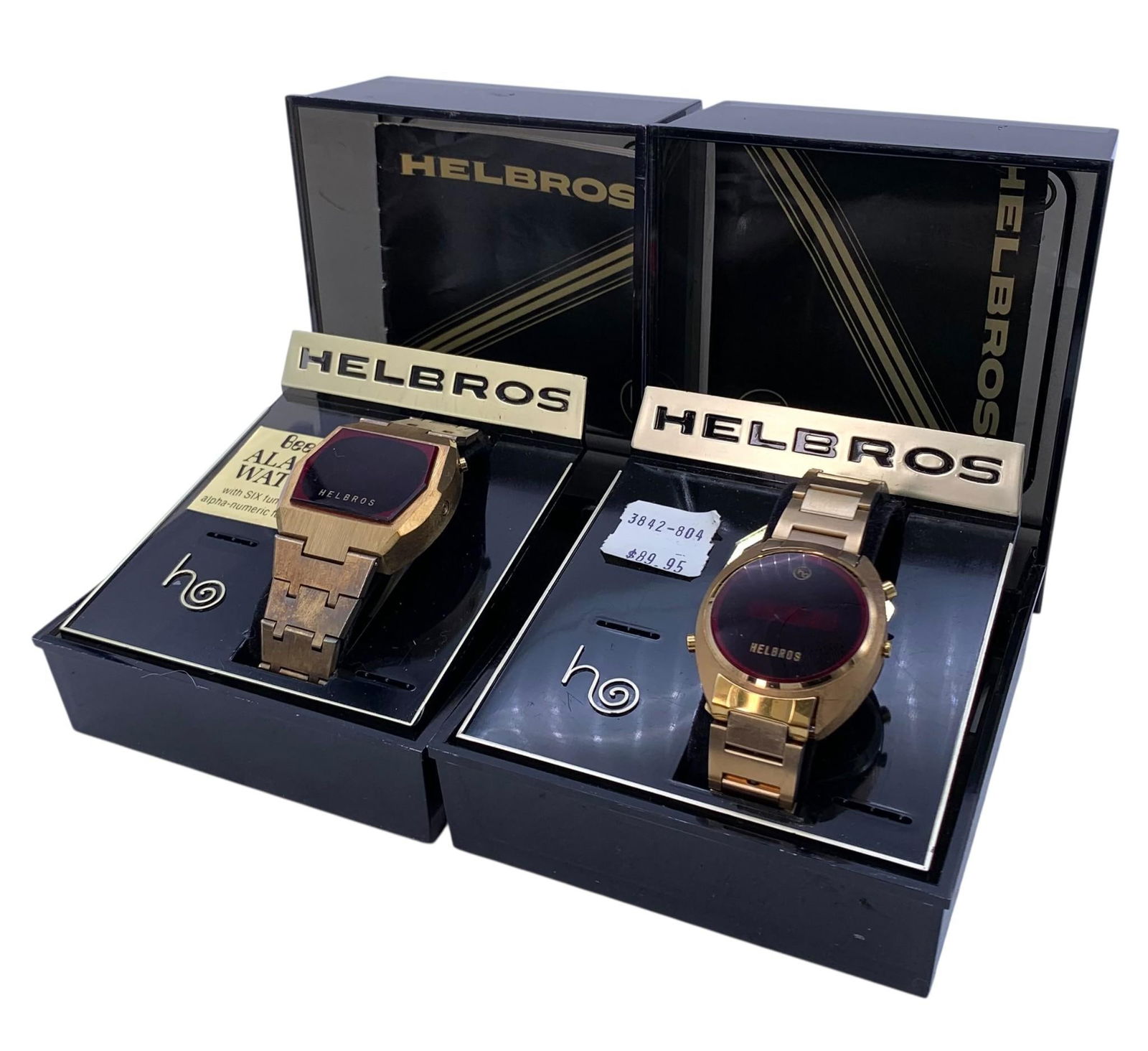 Pair NOS Vintage HELBROS Digital Computer Alarm Timepiece Wristwatches in Boxes (1 of 13)