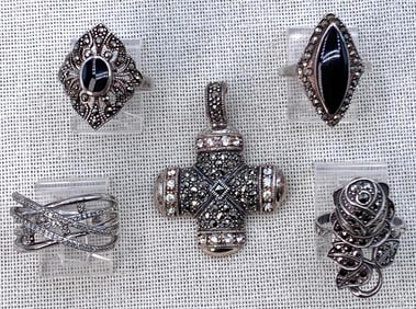 5 pc Sterling Silver Diamonds, Marcasite and Onyx Rings and Pendant Collection