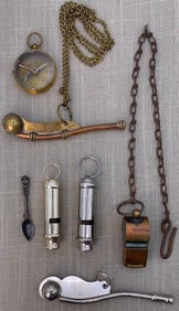 Naval Boatswain's and Trench Whistles, Sterling Navy Brooch, Early French Compass