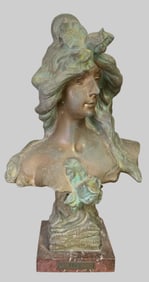 Antique Art Nouveau Cast Metal IRIS Ethereal Beauty Art Sculpture Bust on Marble Base
