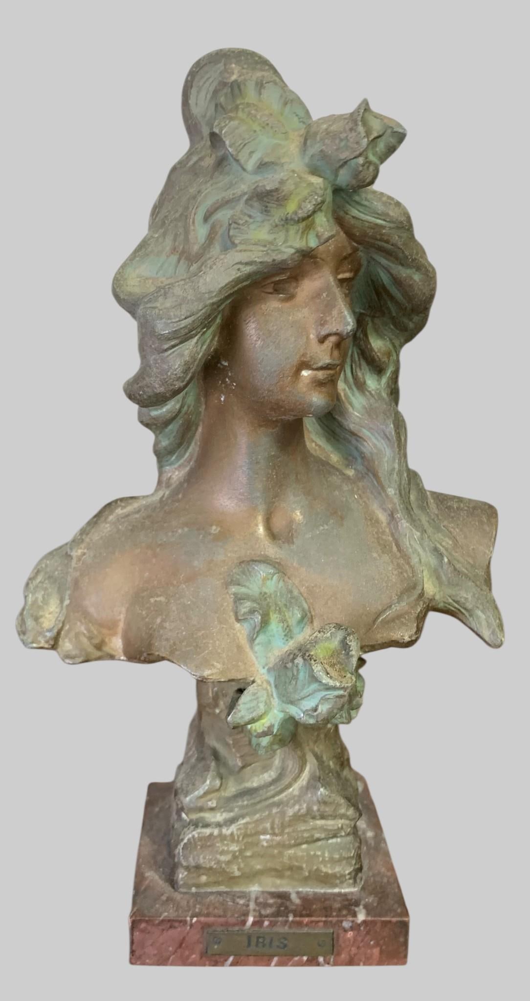 Antique Art Nouveau Cast Metal IRIS Ethereal Beauty Art Sculpture Bust on Marble Base: 9" x 5" x 3 1/2", hefty in weight, beautiful patina, mulled wine marble base.