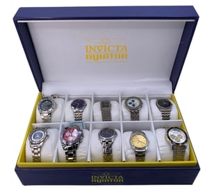 10 Men's Seiko, Gruen, Swiss Legend, Geneva, Wristwatches in Invicta Aviator Storage Box