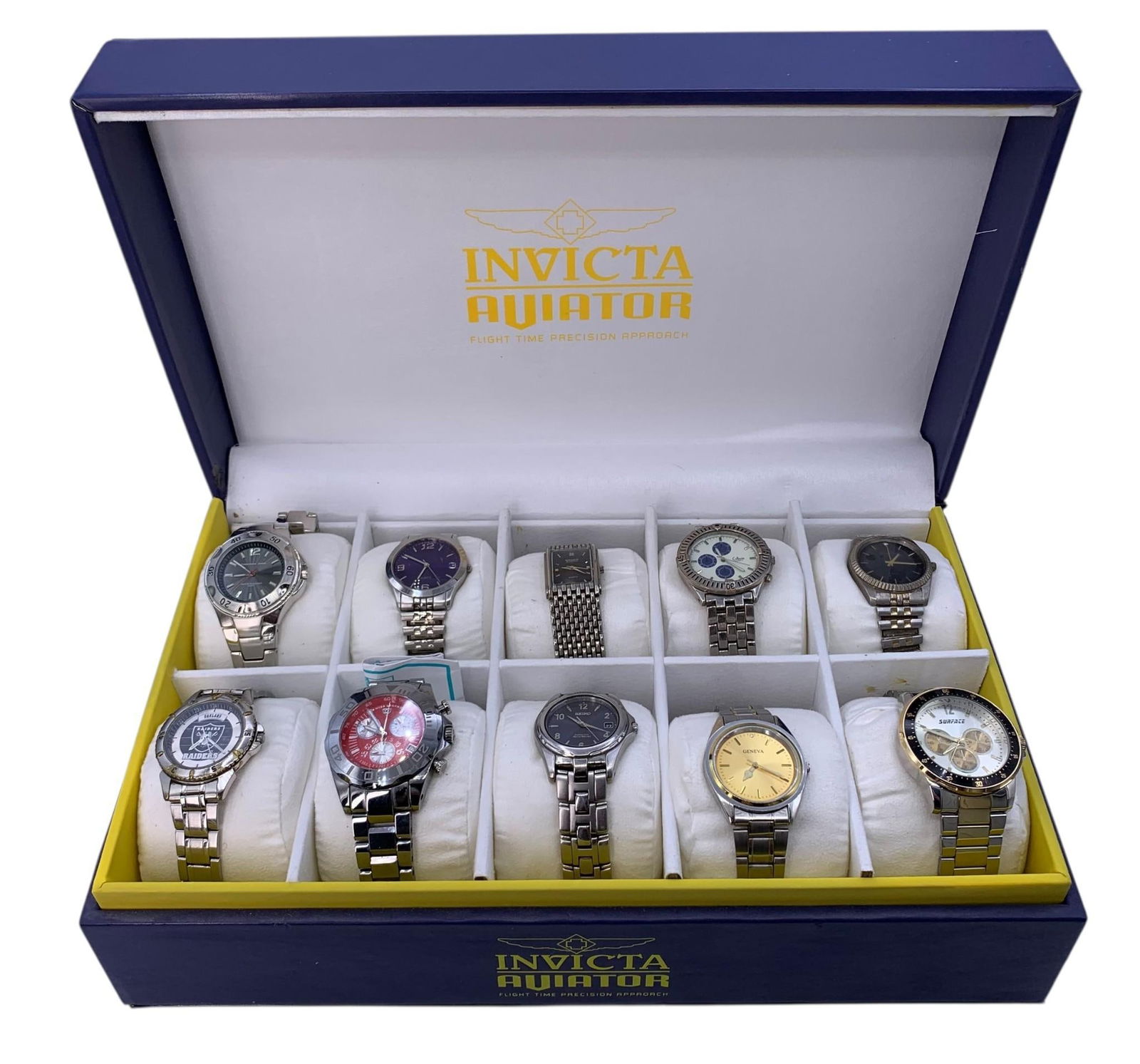 10 Men's Seiko, Gruen, Swiss Legend, Geneva, Wristwatches in Invicta Aviator Storage Box (1 of 10)