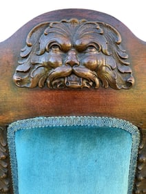 PAIR Antique Gothic Victorian Carved Lion Face Grotesque Renaissance Revival Parlor Armchairs