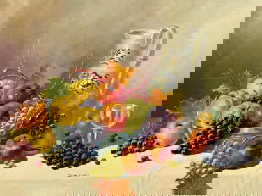 Exceptional Large Size Mid-Century SASCHER Oil on Canvas Artisan Fruit Still Life Oil Painting