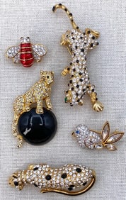 5 Swarovski, Napier, Designer Pave Rhinestone Big Cat, Winged Bee and Bird Brooches