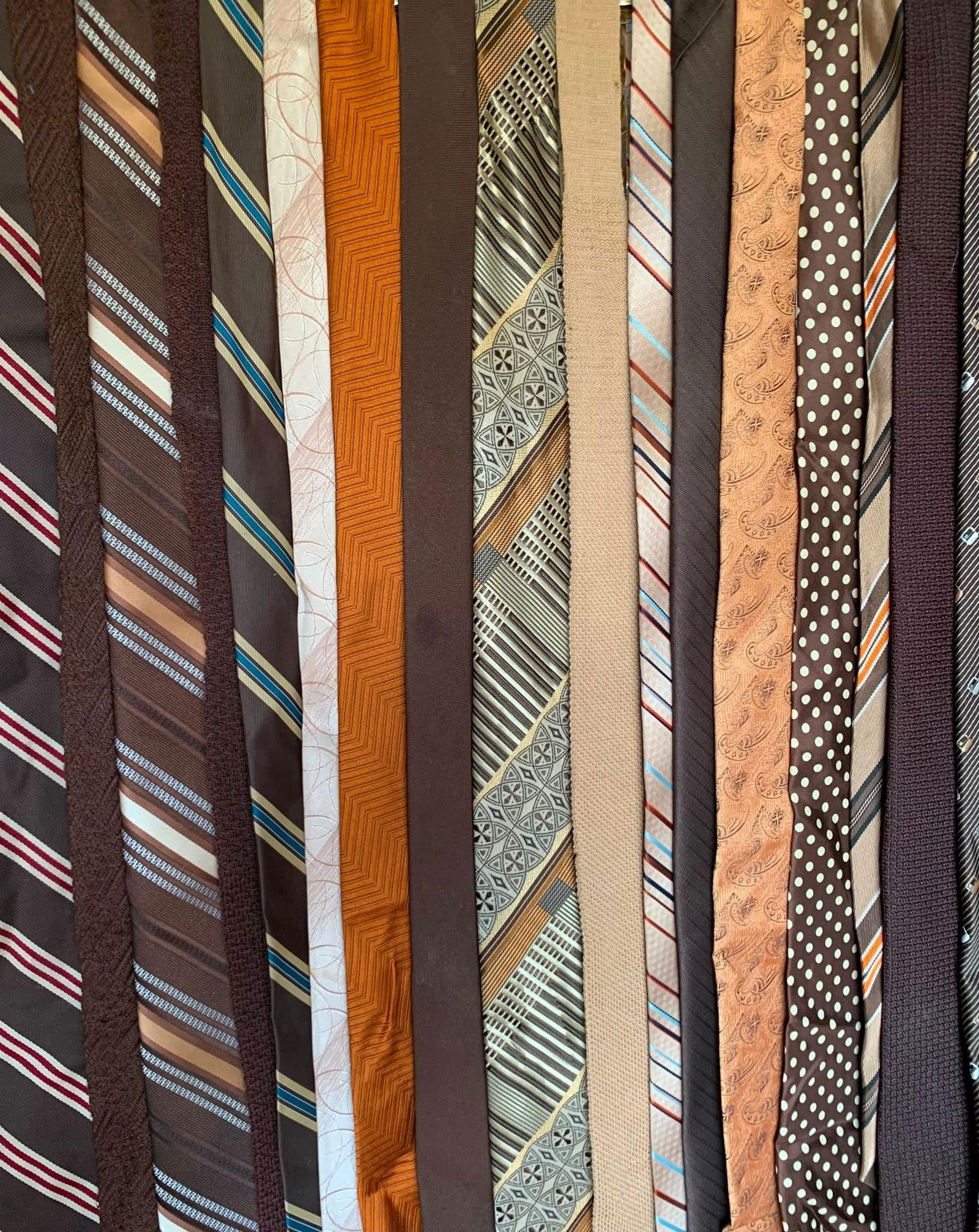 17 Vintage Men's Italian, West Germany, USA Spice and Cocoa Hued Neckties: Woven Wool, Cama Fraca Italian Silk, Grenada Excello poly, Golden clasp by Prince Consort, rayon/acetate, Wembley, Towncraft JcPenny, Dacron poly, Paco Rabanne Paris 100% Wool (West Germany made - wit