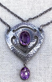 Antique Art Nouveau MURRLE BENNET 950 Silver, Gold Collar, and Amethyst Gemstone Hammered Necklace