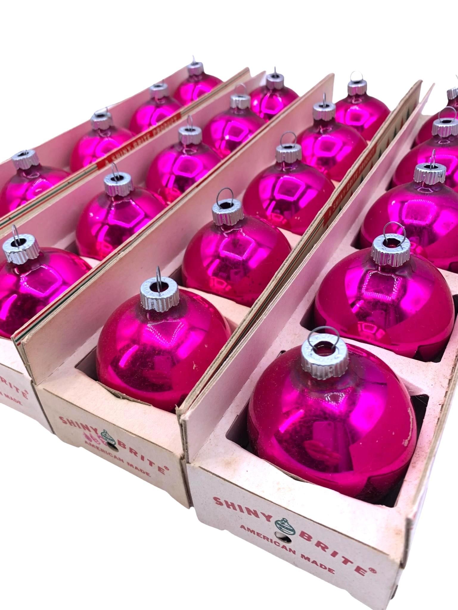 20 Mid Century Hot Pink Magenta Shiny-Brite Glass Christmas Tree Ornaments in Boxes: 4 vintage Shiny brite 5 bulb sleeves holding 20 vibrant Shiny Brite glass ornaments, embossed caps, 2 1/8" bulb size.