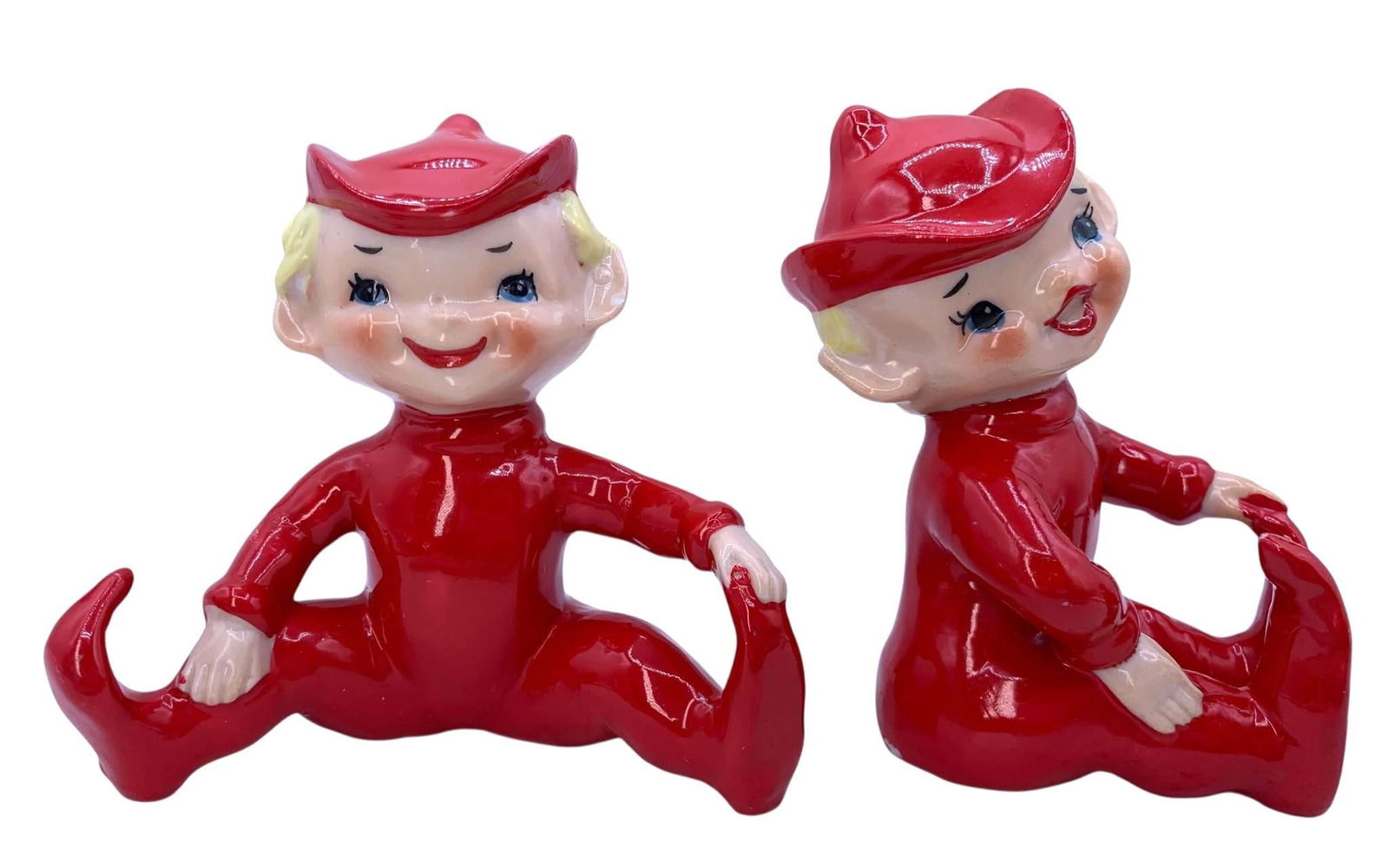 Pair Mid Century JAPAN Ruby Red Large Porcelain Christmas Elf Figurines (1 of 10)