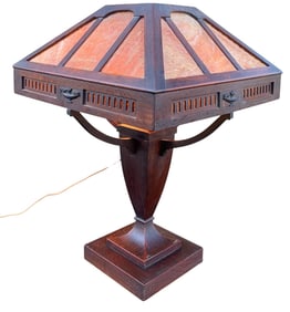 Antique Arts and Crafts Amber Slag Glass and Wood Mission Library Double Bulb Urn Table Lamp