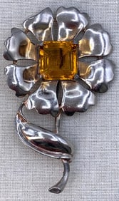 Large Mid Century Citrine Glass Oversize Floral Brooch