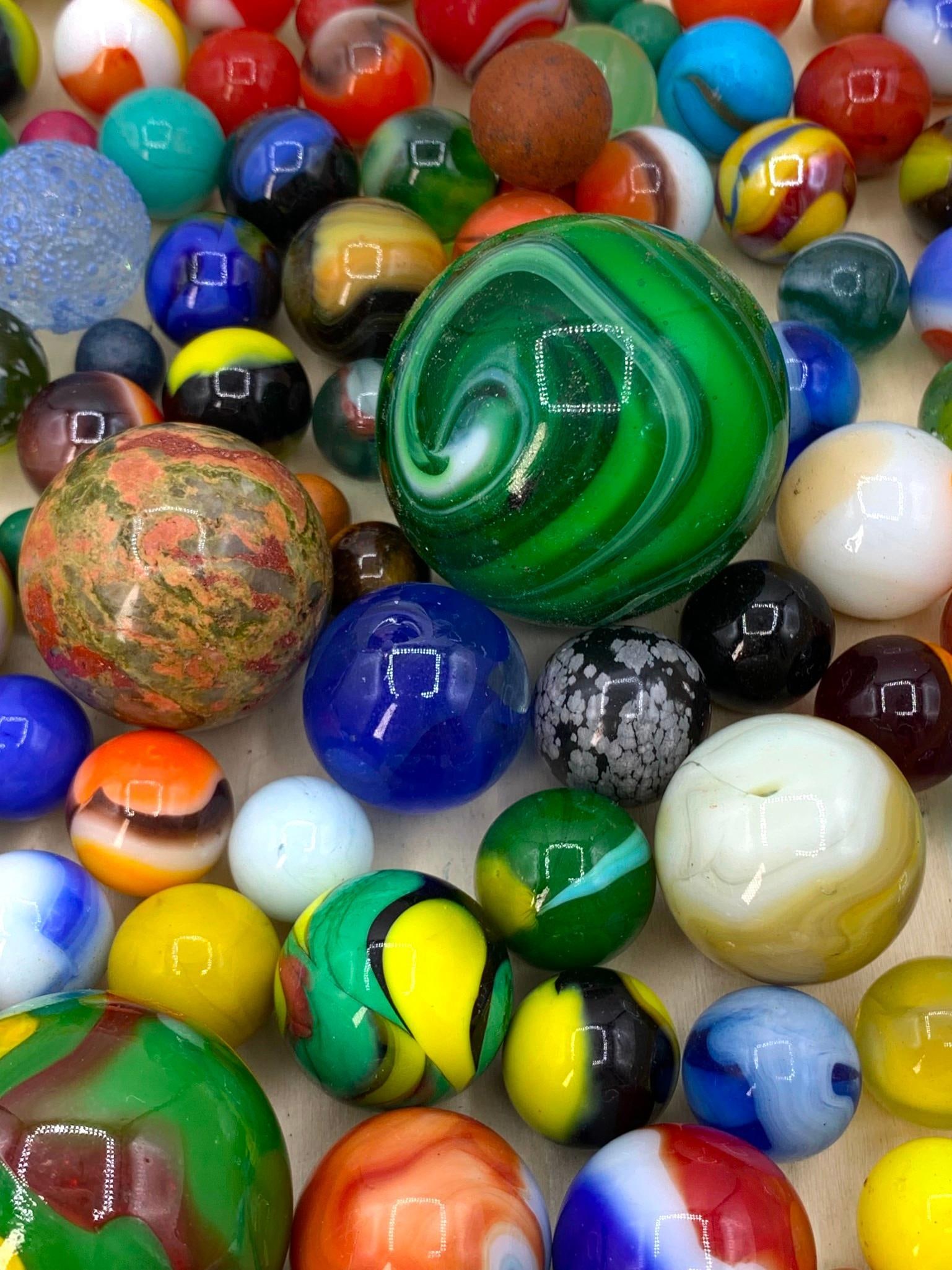 2 3/4 POUNDS Vintage Marble and Shooter Art Glass, Natural Stone Orb, Collection: 39mm to 9mm in size, speckled, swirled, iridescent, cats eye, natural stone, striped, glitter, slag and more!