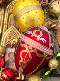 26 Baroque Hand Painted German Glass Eggs, Angels, Cathedral Window Christmas Tree Decorations