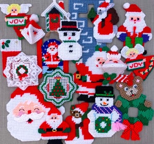 18 Vintage Plastic Canvas Needlepoint Santa, Snowman, Angel, Mouse, Christmas Fridge Magnet Decor
