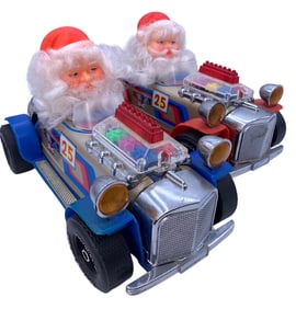 PAIR Champion Tin Litho Battery Op Roadster Race Car Santa Christmas Toys