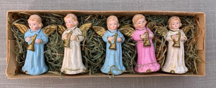 Western Germany 5 pc Pastel Plaster Gilded Wing Petite Angel Decorations in the Box