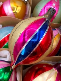 12 Polish Mid Century Hand Painted Striped Marquise Glass Christmas Tree Ornaments in Box