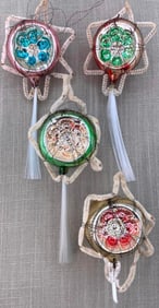 4 Early Wire Wrapped Mercury Glass Indent Chenille Star Halo Fiberglass Tail Christmas Ornaments