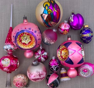 15 pc Vibrant Pink and Plum Mercury Glass Tree Spire and Ornaments Collection