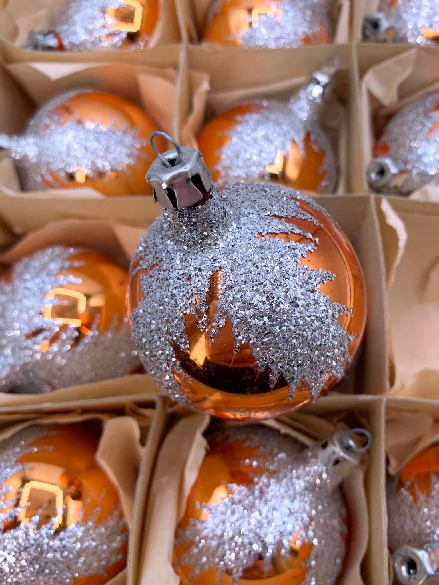 12 Vintage Burnished Copper Silver Glitter Polish Mercury Glass Christmas Ornaments in the Box: 2" glass ornaments made in Poland, loads of silver glitter, lovely burnished copper hue, metal caps, Super clean condition with the original vintage box.