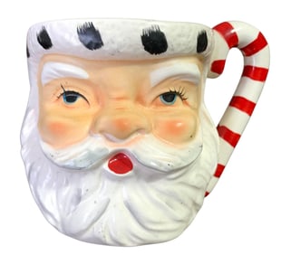 4 Mid Century Double Face Lefton, Rhinestone Eye Chocolate Cups and Blue Eyed Santa Mugs