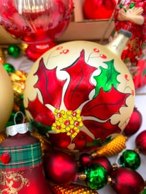 22 Vintage Hand Painted Poinsettia and Ruby Red Glass Christmas Ornaments