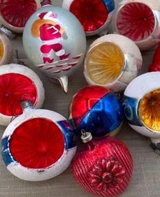 12 Hand Painted Poland Santa, HUGE Indent, Heart, Lantern, Vintage Mercury Glass Christmas Ornaments