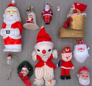 11 pc Antique to Vintage Santa Claus Decoration, Ornament, Toy, Brooch Collection