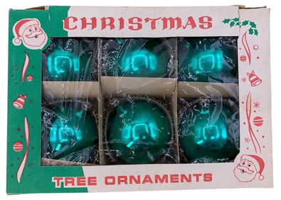 6 Mid Century Polish Large Teal Mercury Glass Christmas Tree Ornaments in Original Box