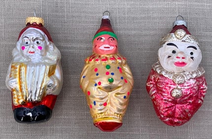 3 Antique to Vintage German Maniacal Clown Mercury Glass Christmas Tree Ornaments