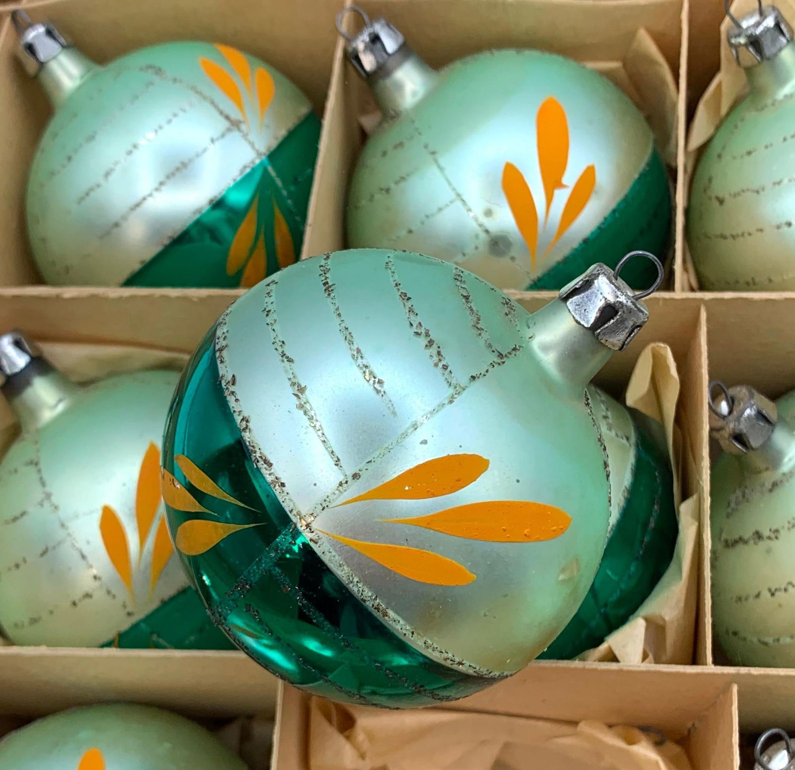 12 Polish Mid Century Moss & Teal Green Hand Painted Glass Christmas Tree Ornaments in the Box (1 of 9)