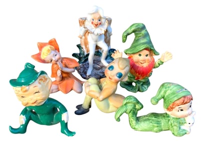 6 Magical Mid Century Japan Flower Sprite, Elves and Leprechaun Porcelain Figurines