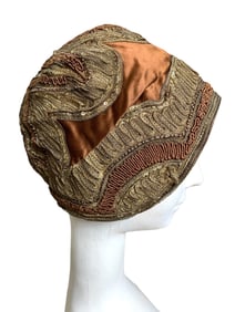 Antique 1920s Flapper Cocoa Silk Metallic Bullion Passementerie Embroidered LASDON Cloche Hat
