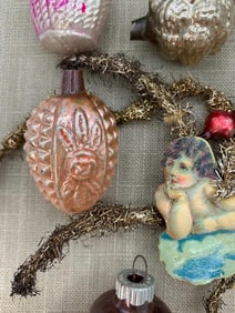 13 Antique Feather Tree Tinsel Topper and Petite Pink Mercury Glass & Spun Cotton Ornaments