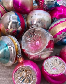 19 pc Vintage Poland, Shiny Brite, Striped Magenta Mercury Glass Christmas Ornaments