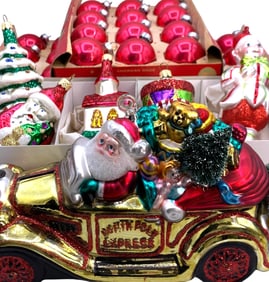 42 Blown Polish Mercury Glass and Mid Century COBY Ruby Glass Christmas Tree Ornaments in Boxes