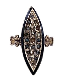 Antique Victorian 10k Gold Black Enamel Smoke Gray Jeweled Marquise Ring